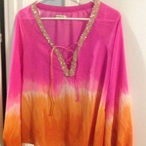ARDEN B PINK ORANGE SEQUIN CHIFFON TOP S